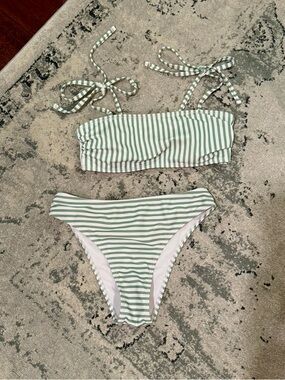 Green & White Striped Bikini Set